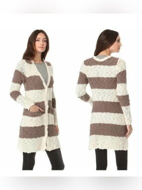 Free People Womens Cream and Brown Cuddle Bear Striped Boucle Cardigan NWOT S